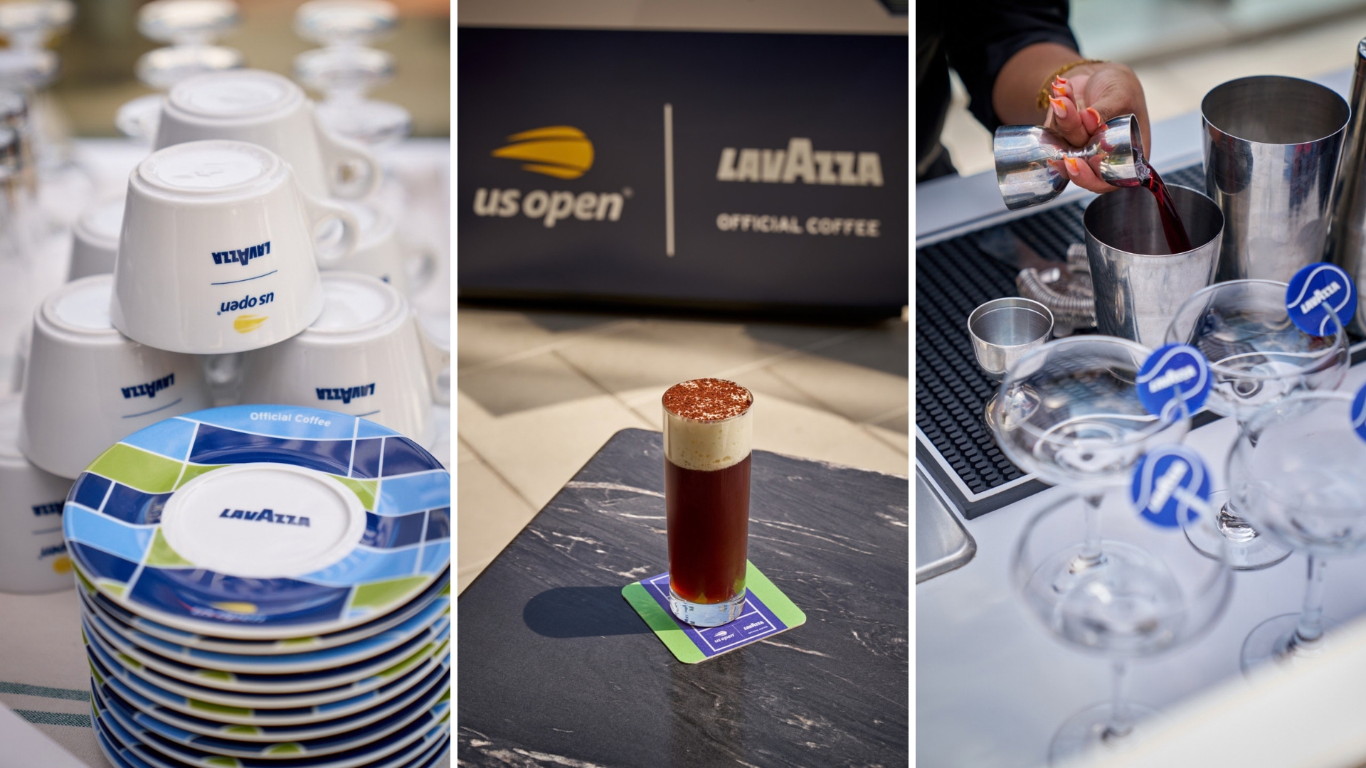 Split image showing co-branded Lavazza US Open cups and saucers, a Caffè Emiliano cold brew with mascarpone mousse, and a bartender preparing coffee cocktails