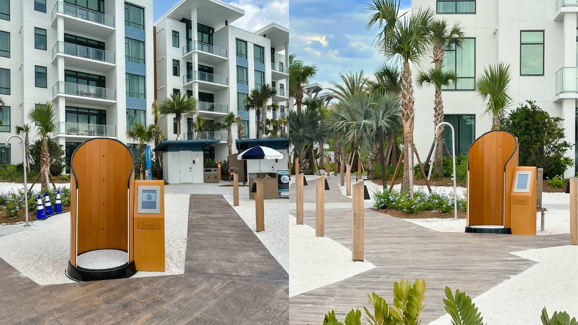 Two SNAP Wellness touchless sunscreen stations installed along a resort pathway at Evermore Orlando Resort with palm trees and white resort buildings in the background