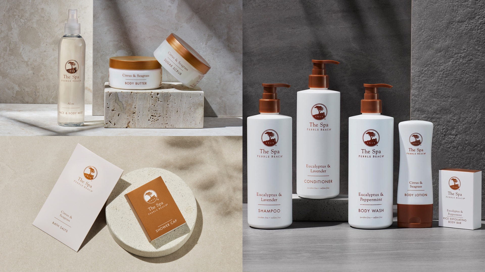 The Spa at Pebble Beach full product range including VIP body butter, sugar scrub, bath salts, shower cap, and pump bottles of shampoo, conditioner, and body wash